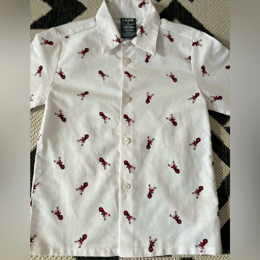 IZOD kids button down Christmas shirt with buffalo plaid reindeer accents - Picture 2 of 4